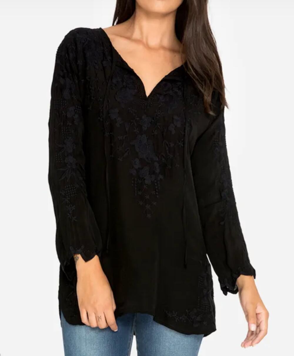 Johnny Was Black Butterfly Winter Tunic Embroidered Floral Tie Neck Women Top XS